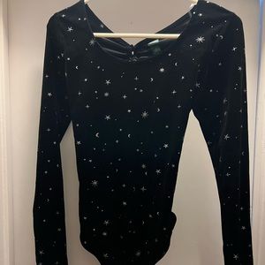 Black velvet thong body suit with silver states and moons